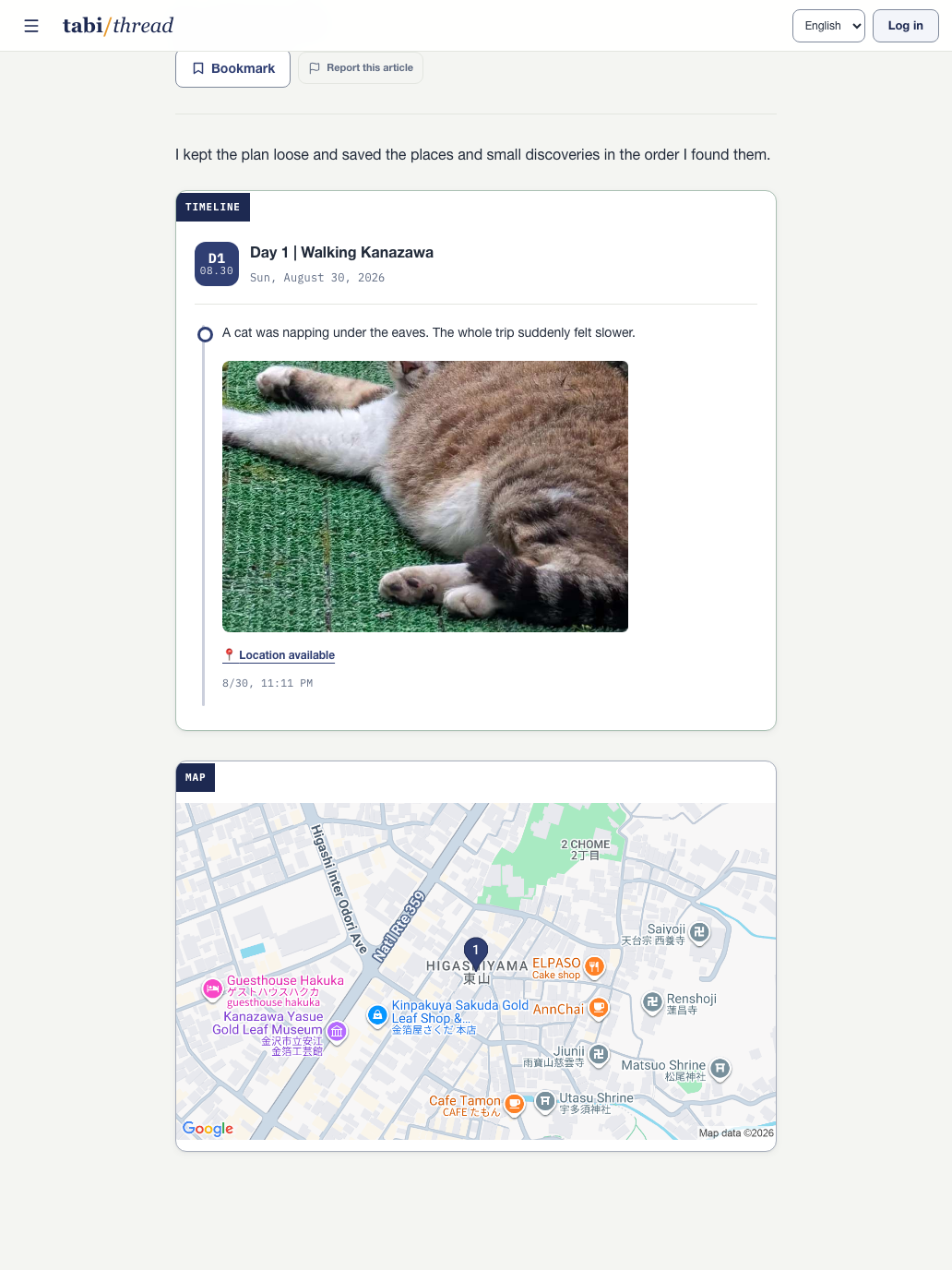 A preview showing a photo timeline and map inside a travel journal